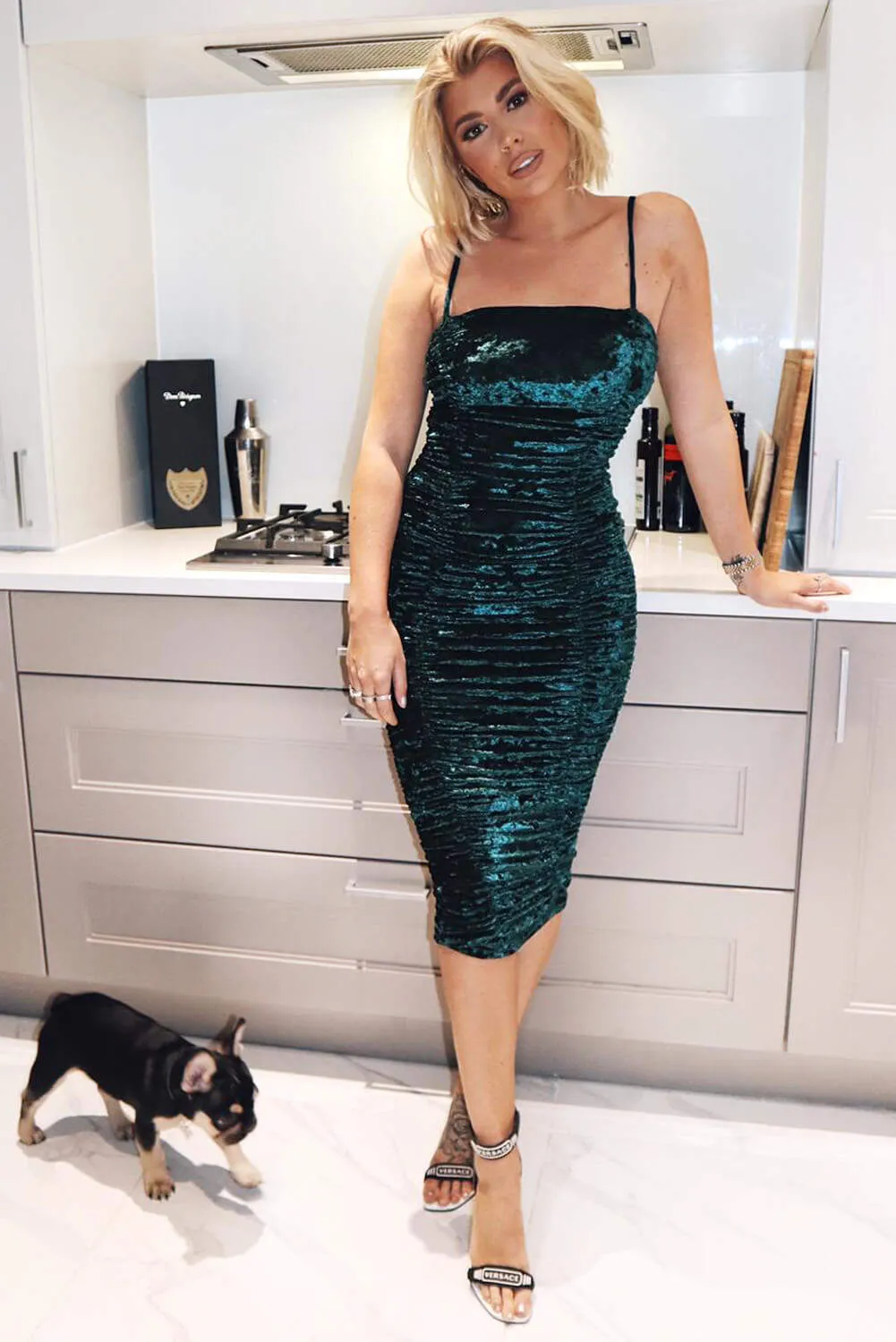 Teal Velvet Ruched Bodycon Dress sold by AX Paris