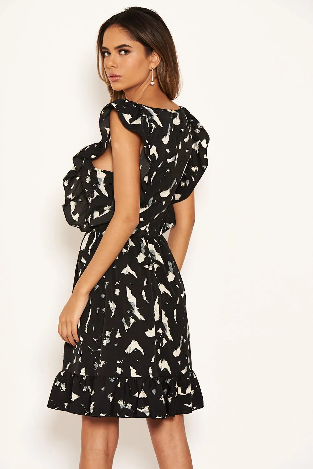 Black Printed Square Neck Frilled Dress sold by AX Paris product image thumbnail 4
