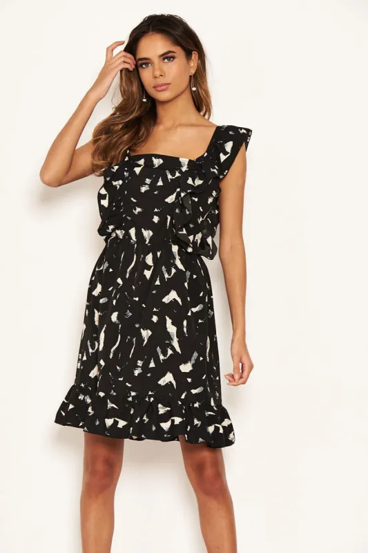 Black Printed Square Neck Frilled Dress sold by AX Paris