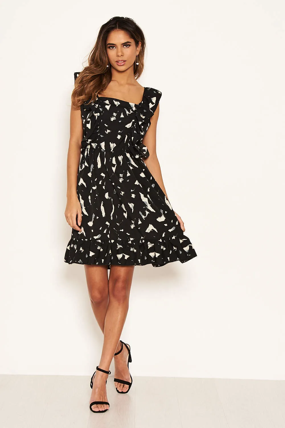 Black Printed Square Neck Frilled Dress sold by AX Paris product image thumbnail 2