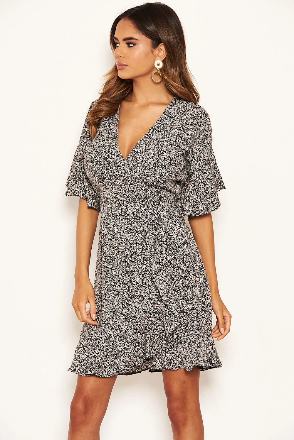 Black Ditsy Printed Frill Hem Wrap Dress sold by AX Paris product image thumbnail 4