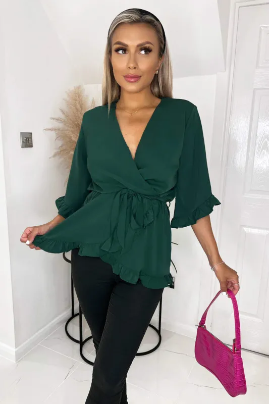 Teal Frill Hem Wrap Top sold by AX Paris