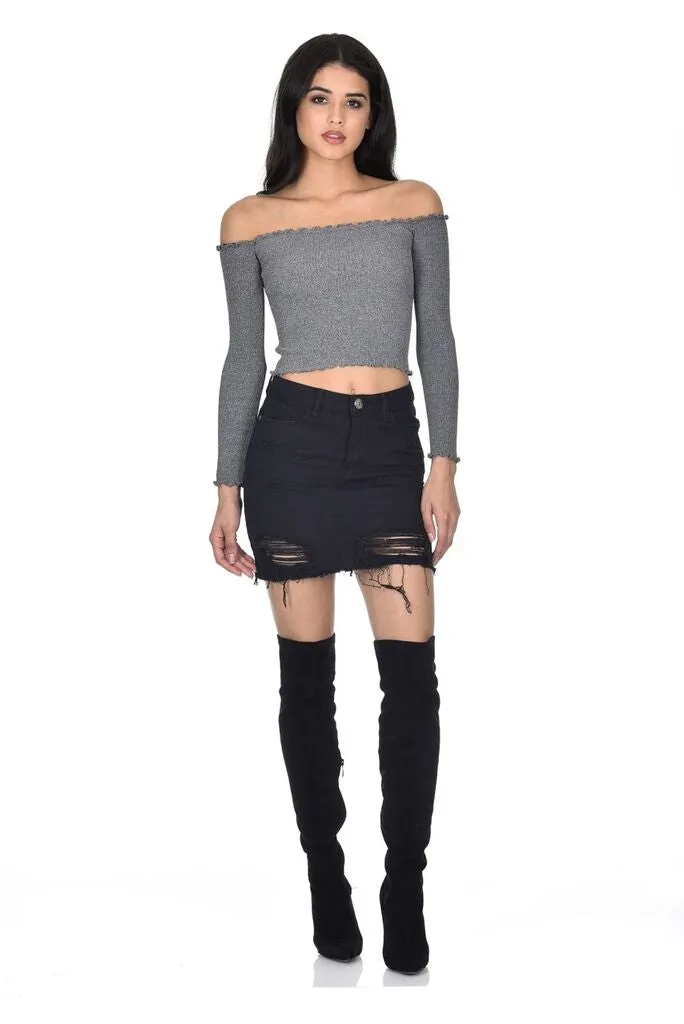 Black Denim Ripped Mini Skirt sold by AX Paris product image thumbnail 2