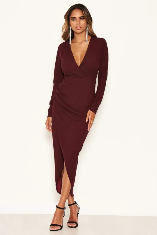 Plum Wrap Bodycon Ruched Dress sold by AX Paris