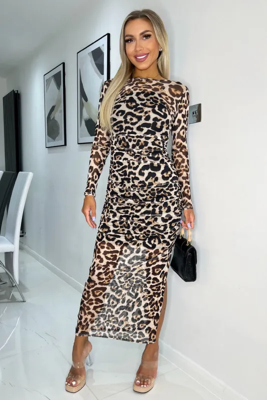 Multi Leopard Print Mesh Overlay Long Sleeve Bodycon Midi Dress sold by AX Paris