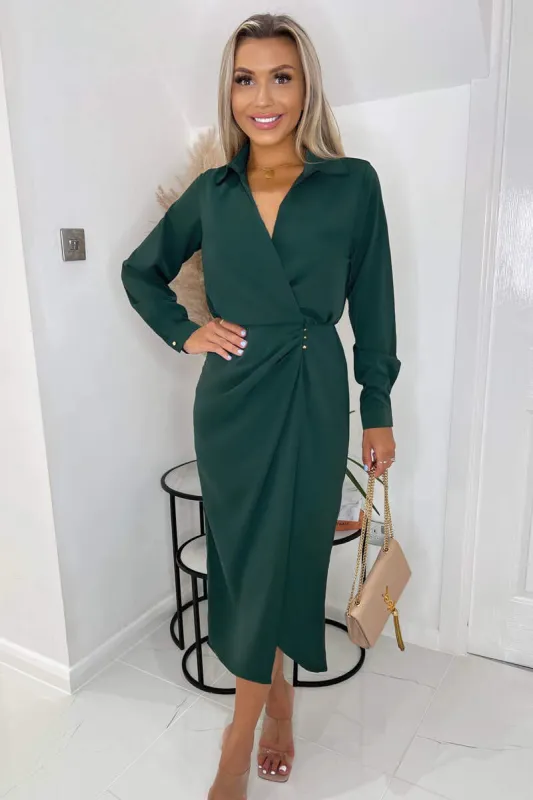 Teal Long Sleeve Side Ruched Wrap Over Midi Dress sold by AX Paris