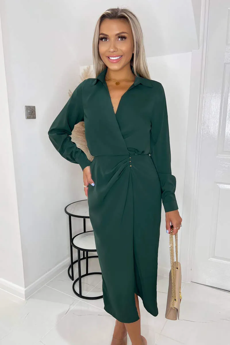 Teal Long Sleeve Side Ruched Wrap Over Midi Dress sold by AX Paris product image thumbnail 2