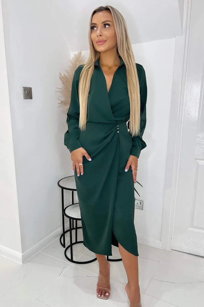 Teal Long Sleeve Side Ruched Wrap Over Midi Dress sold by AX Paris product image thumbnail 3