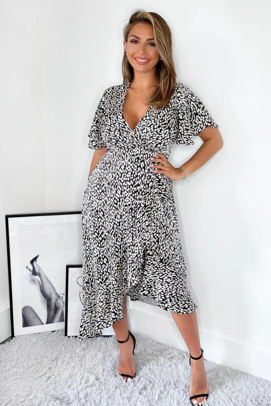 Black And White Printed Frill Hem Short Sleeve Midi Dress sold by AX Paris