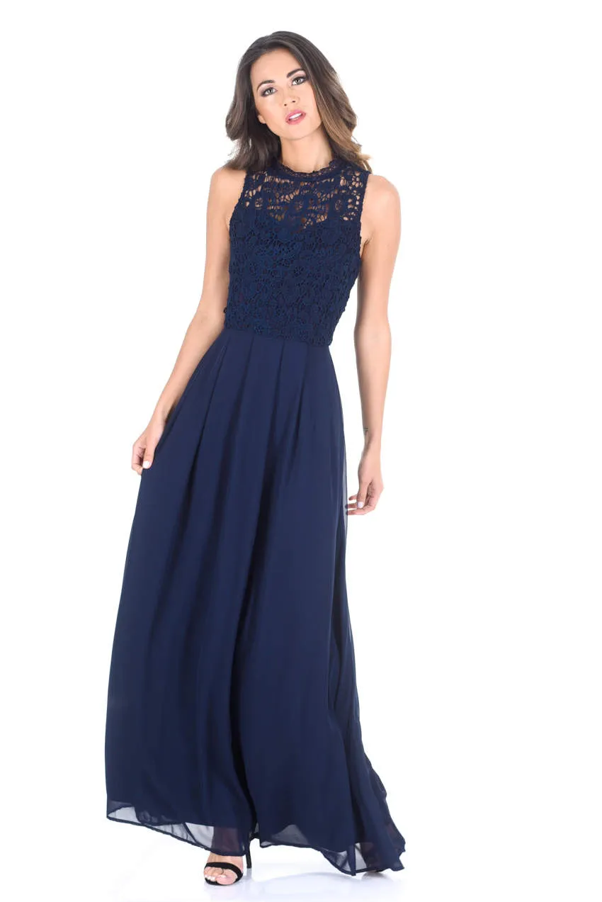 Navy Crochet Top Chiffon Maxi Dress sold by AX Paris