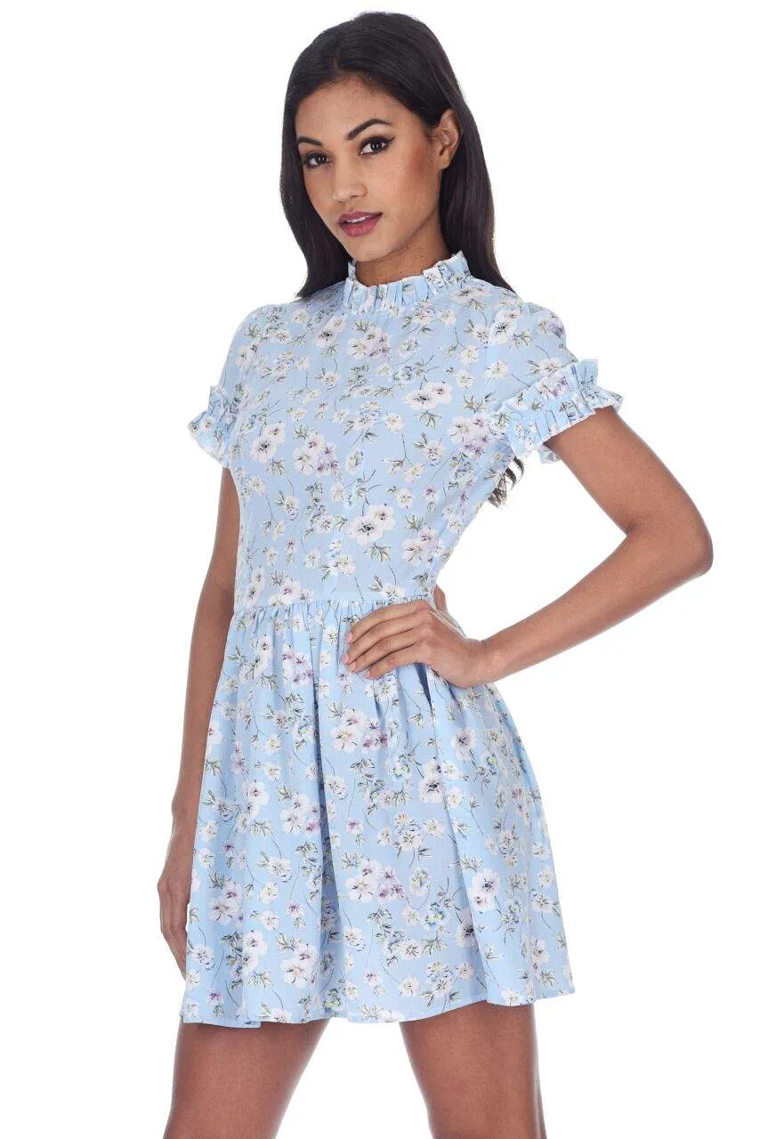 Blue Floral Frill Detail Mini Dress sold by AX Paris
