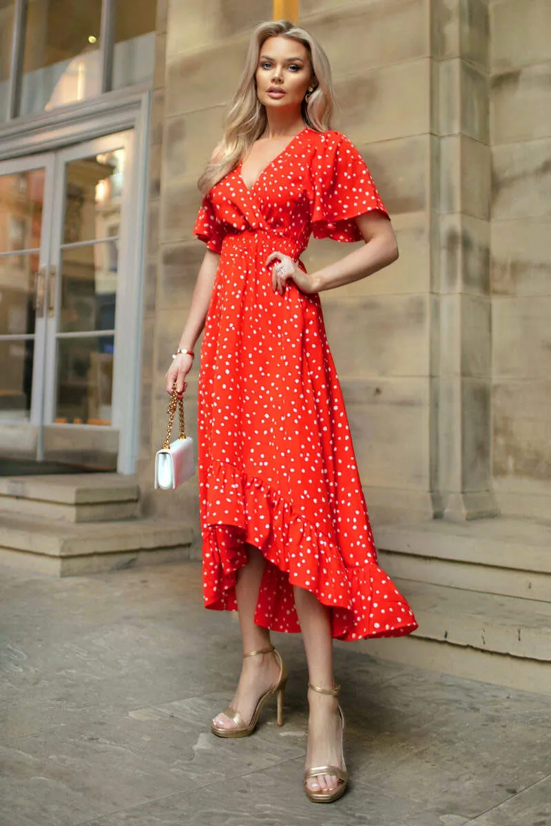 Red And White Polka Dot Printed High Low Midi Dress sold by AX Paris product image thumbnail 3