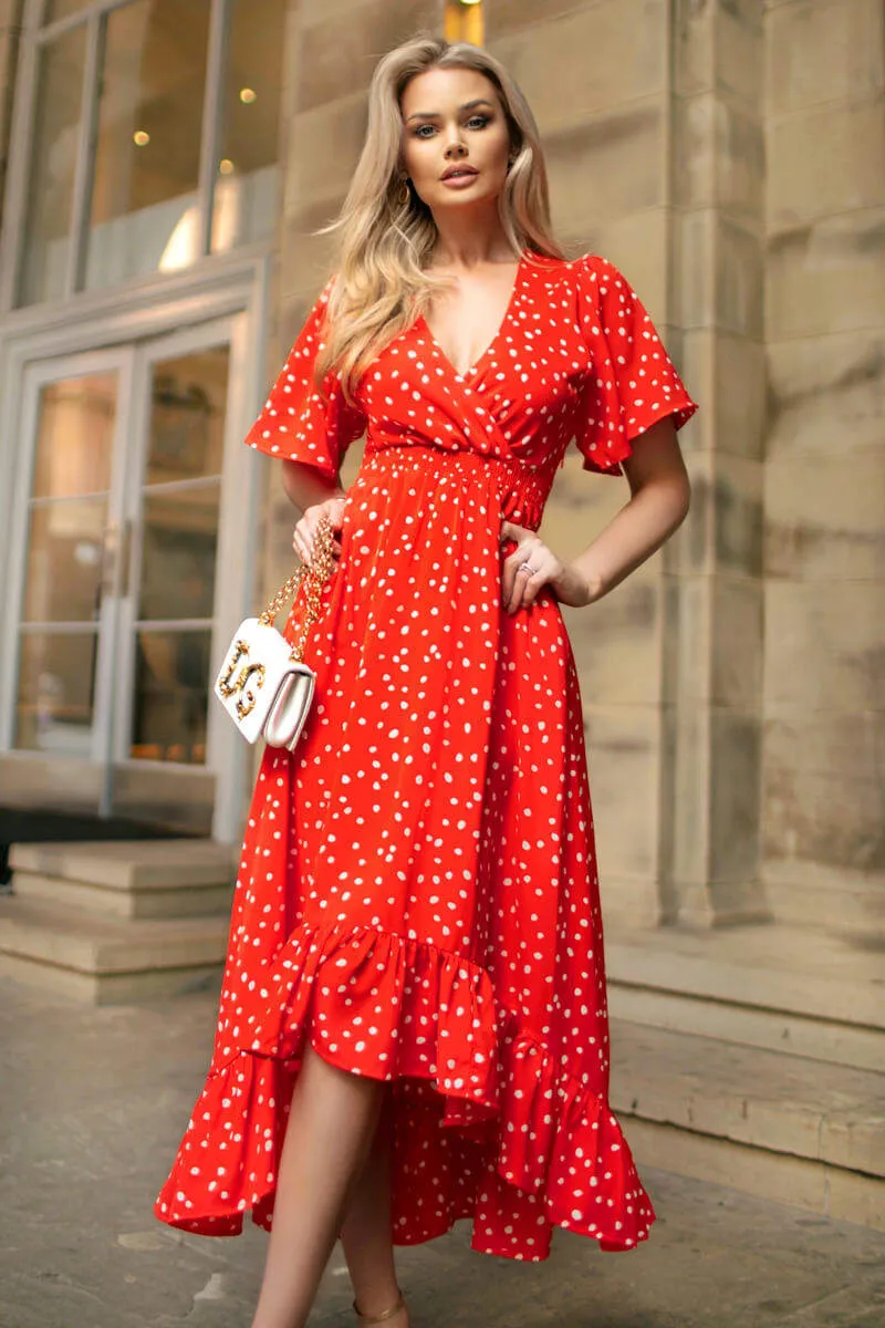 Red And White Polka Dot Printed High Low Midi Dress sold by AX Paris