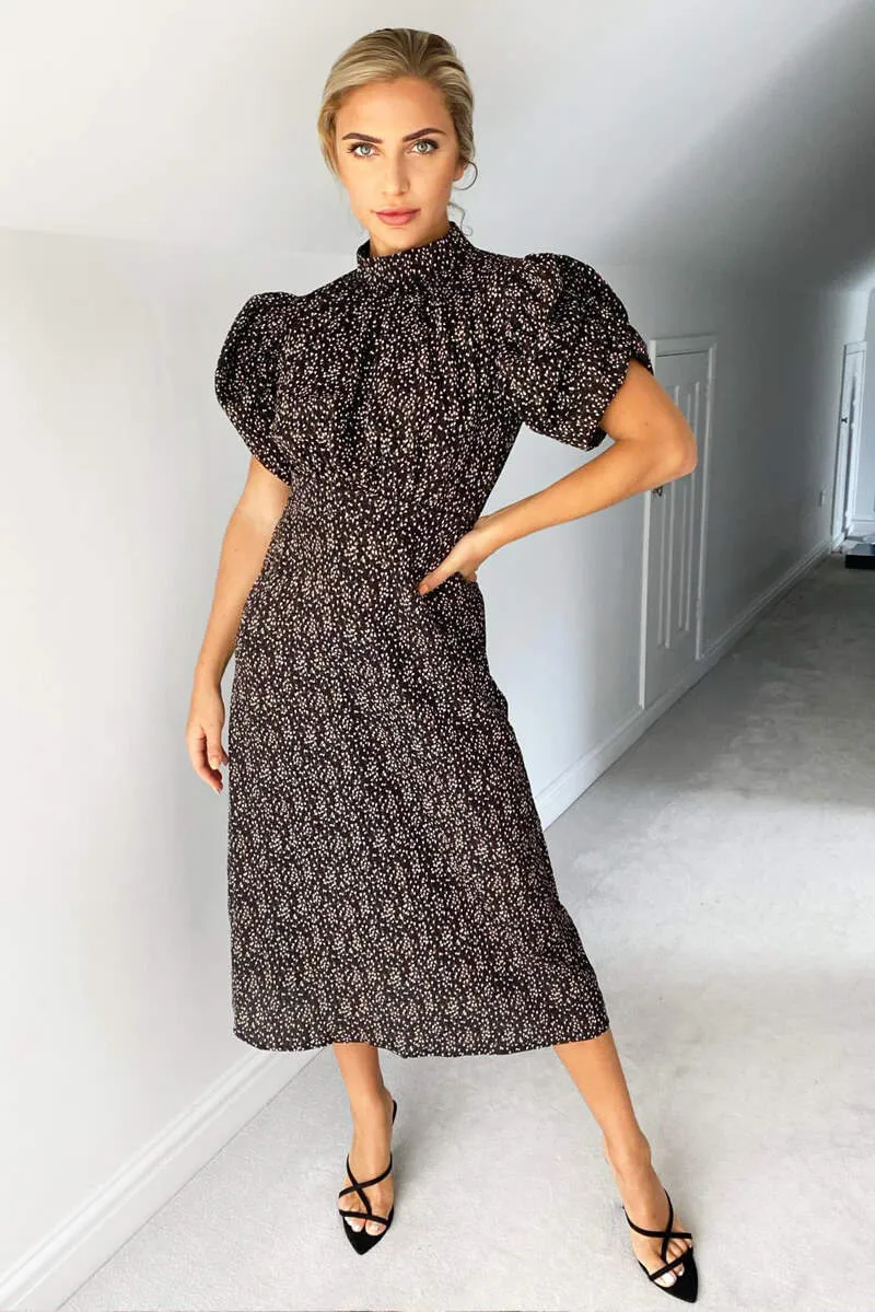 Black Ditsy Floral Puff Sleeve Midi Dress sold by AX Paris