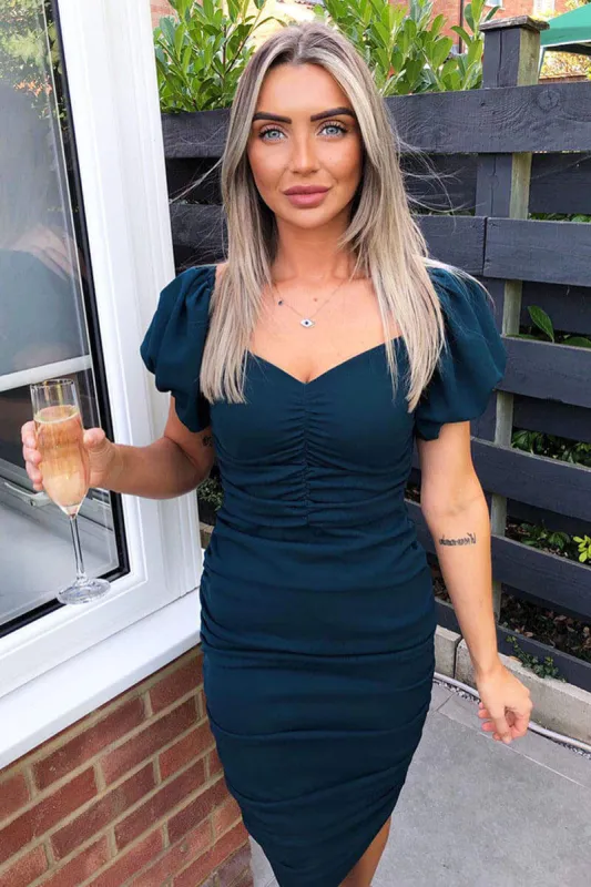 Teal Ruched Puff Sleeve Midi Dress sold by AX Paris