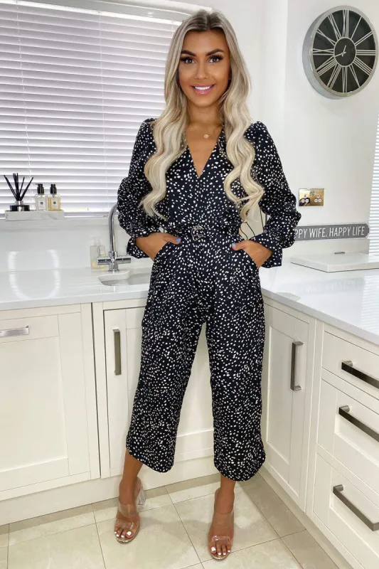 Black Dotty Long Sleeve Wrap Over Belted Jumpsuit sold by AX Paris