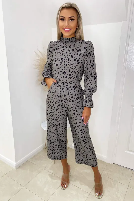 Grey Spot Printed High Neck Long Sleeve Jumpsuit sold by AX Paris