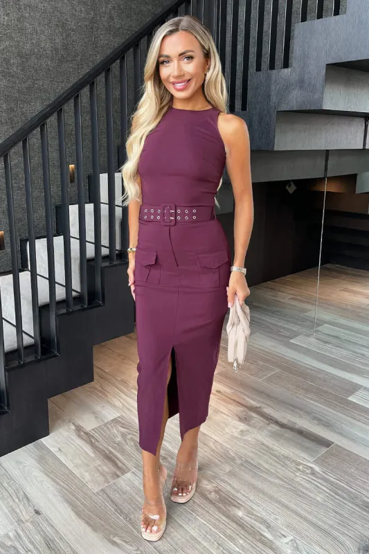 Plum Round Neck Belted Bodycon Cargo Midi Dress sold by AX Paris