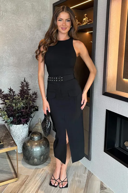 Black Round Neck Belted Bodycon Cargo Midi Dress sold by AX Paris