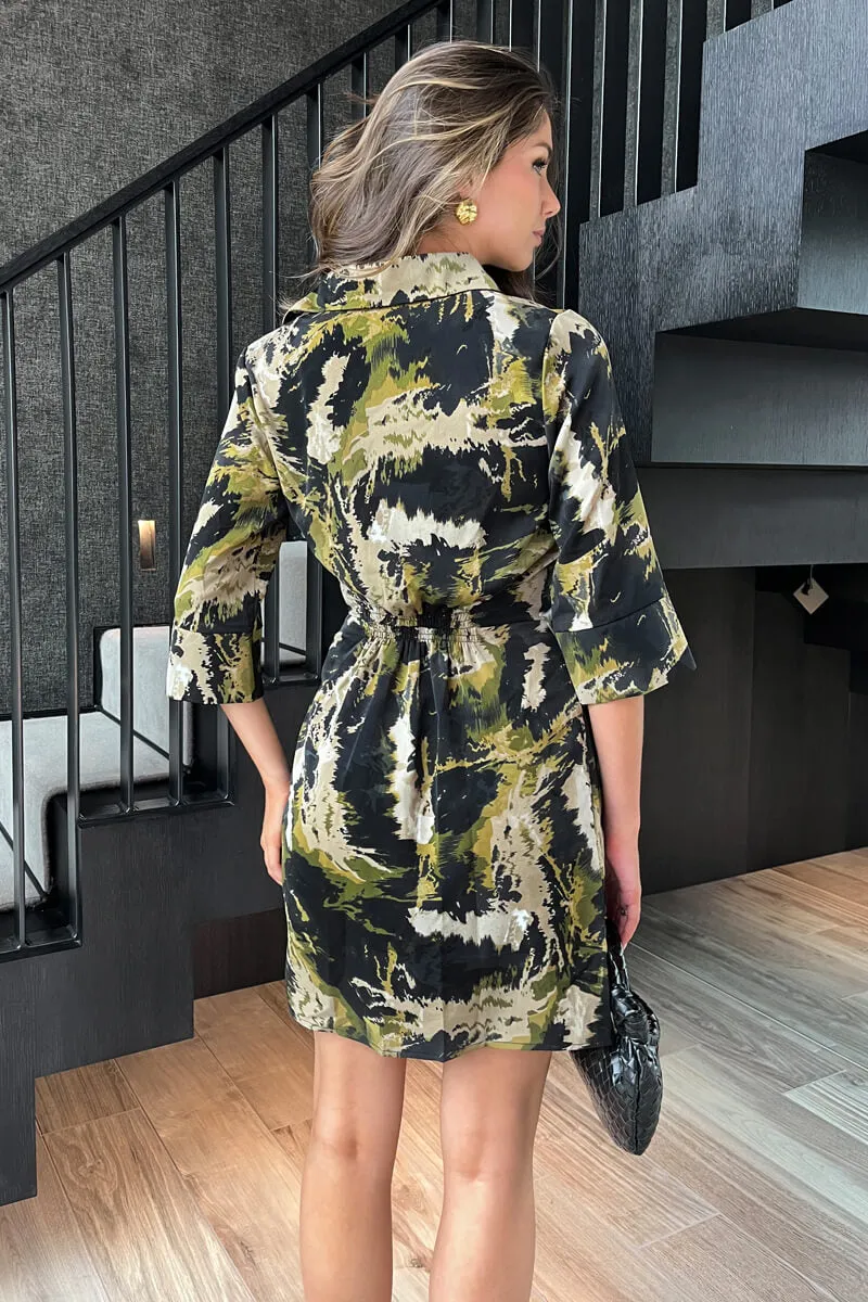 Khaki Smudge Print 3/4 Sleeve Gathered Waist Mini Shirt Dress sold by AX Paris product image thumbnail 4