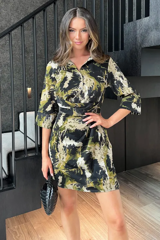 Khaki Smudge Print 3/4 Sleeve Gathered Waist Mini Shirt Dress sold by AX Paris
