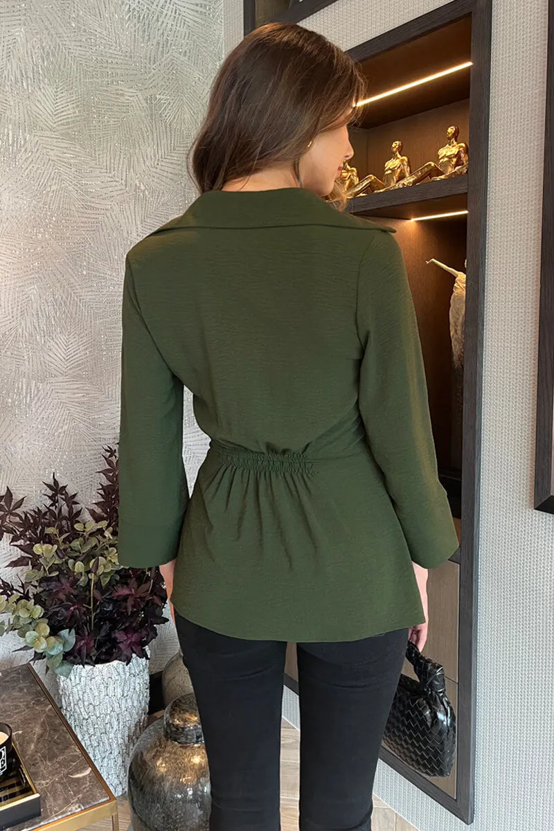 Olive 3/4 Sleeves Collared Gathered Waist Top sold by AX Paris product image thumbnail 5