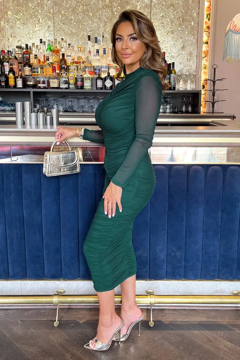 Teal High Neck Long Sleeve Ruched Bodycon Mesh Midi Dress sold by AX Paris product image thumbnail 5