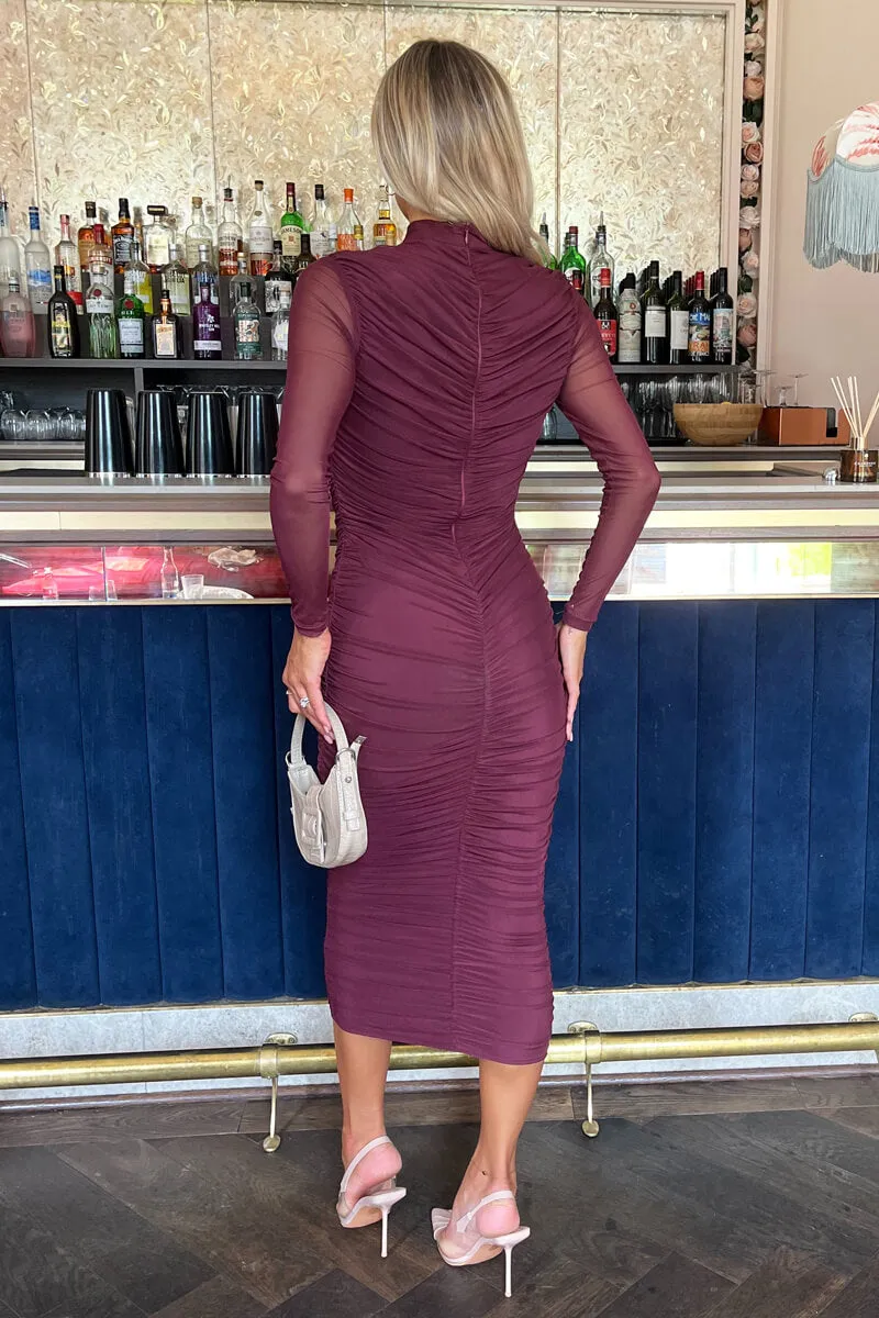 Plum High Neck Long Sleeve Ruched Bodycon Mesh Midi Dress sold by AX Paris product image thumbnail 5