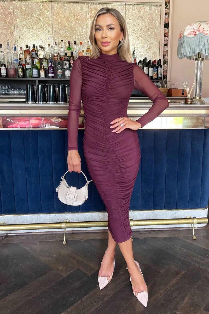 Plum High Neck Long Sleeve Ruched Bodycon Mesh Midi Dress sold by AX Paris product image thumbnail 2