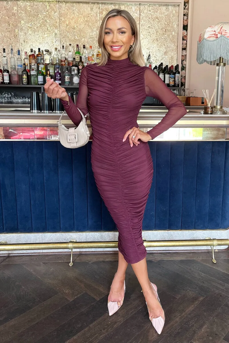 Plum High Neck Long Sleeve Ruched Bodycon Mesh Midi Dress sold by AX Paris product image thumbnail 3