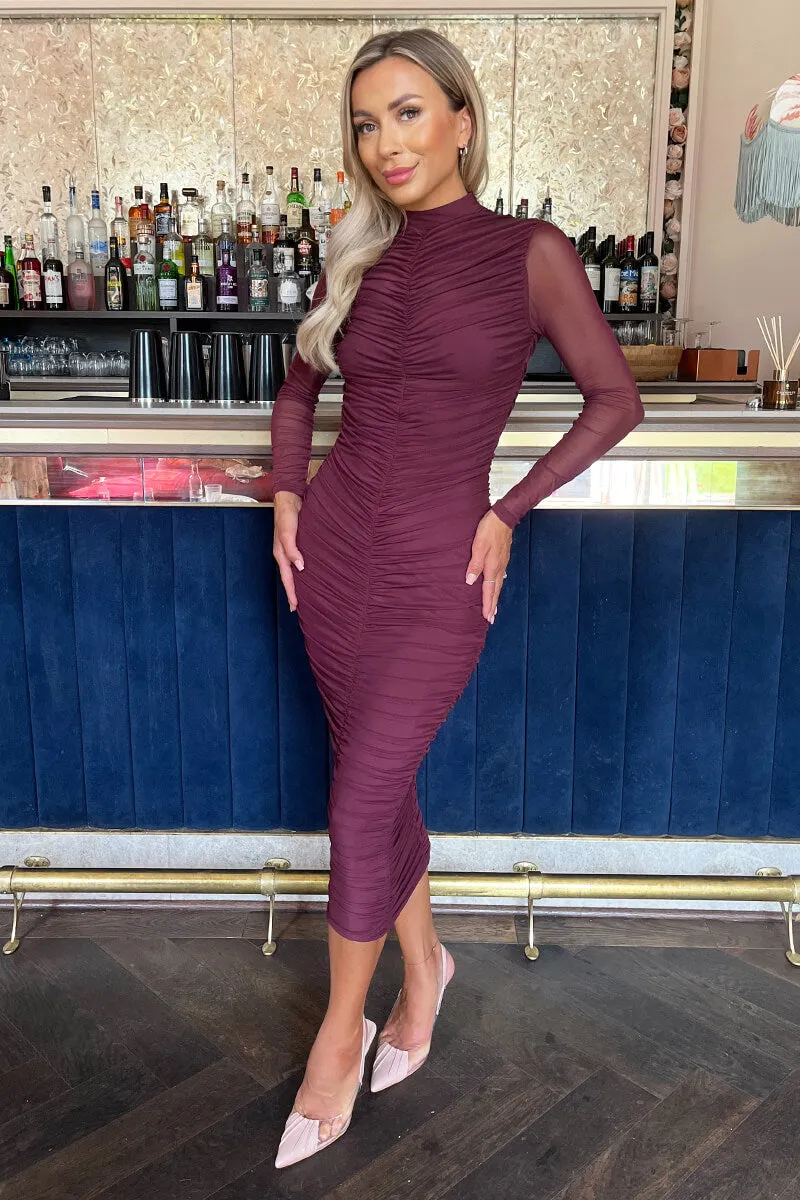 Plum High Neck Long Sleeve Ruched Bodycon Mesh Midi Dress sold by AX Paris