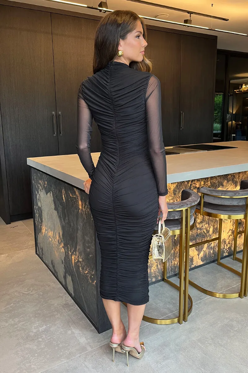 Black High Neck Long Sleeve Ruched Bodycon Mesh Midi Dress sold by AX Paris product image thumbnail 4