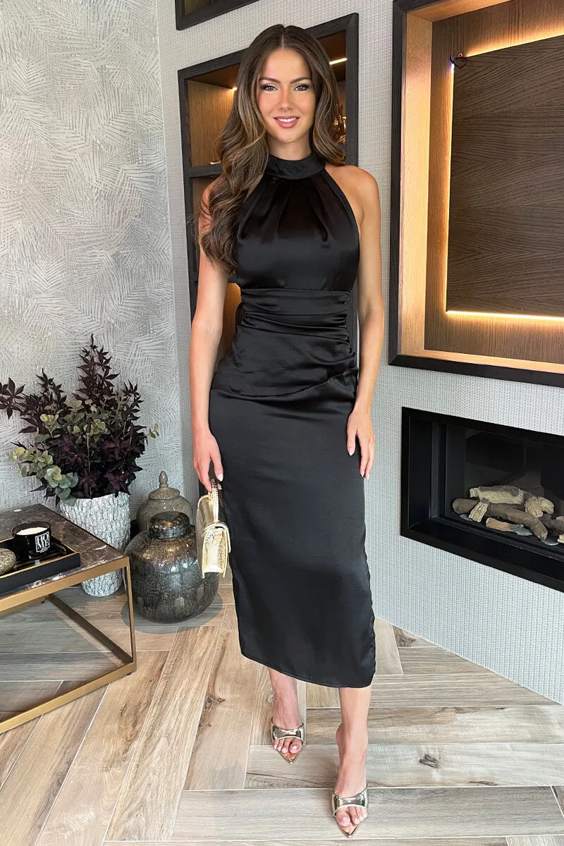 Black Satin Halter Neck Side Split Midi Dress sold by AX Paris product image thumbnail 2