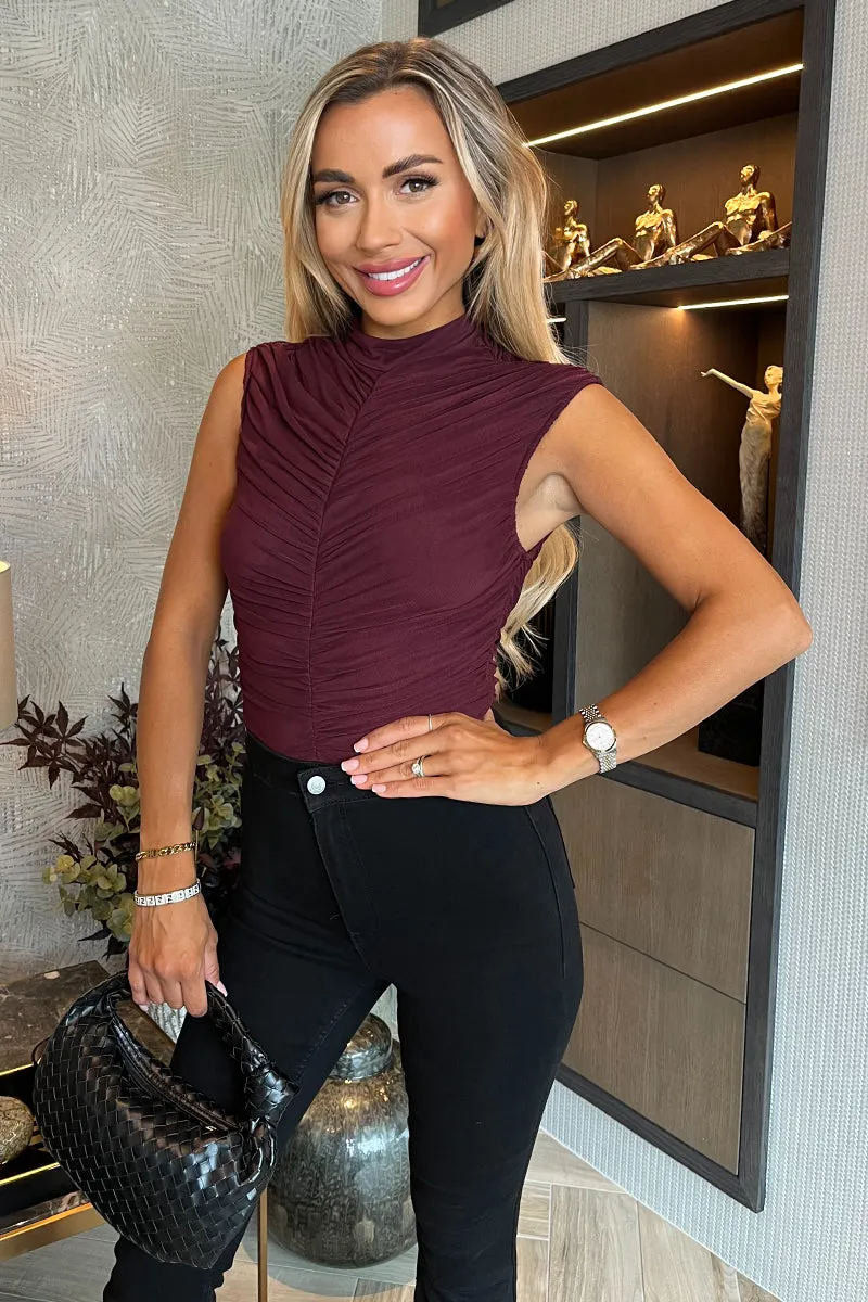 Plum High Neck Sleeveless Ruched Mesh Bodysuit sold by AX Paris