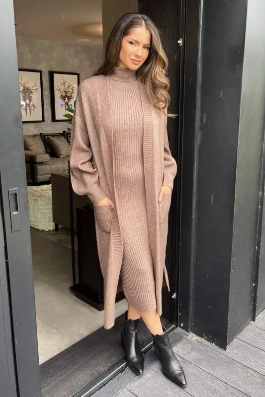 Mink Knitted Midi Dress And Cardigan Co-ord sold by AX Paris