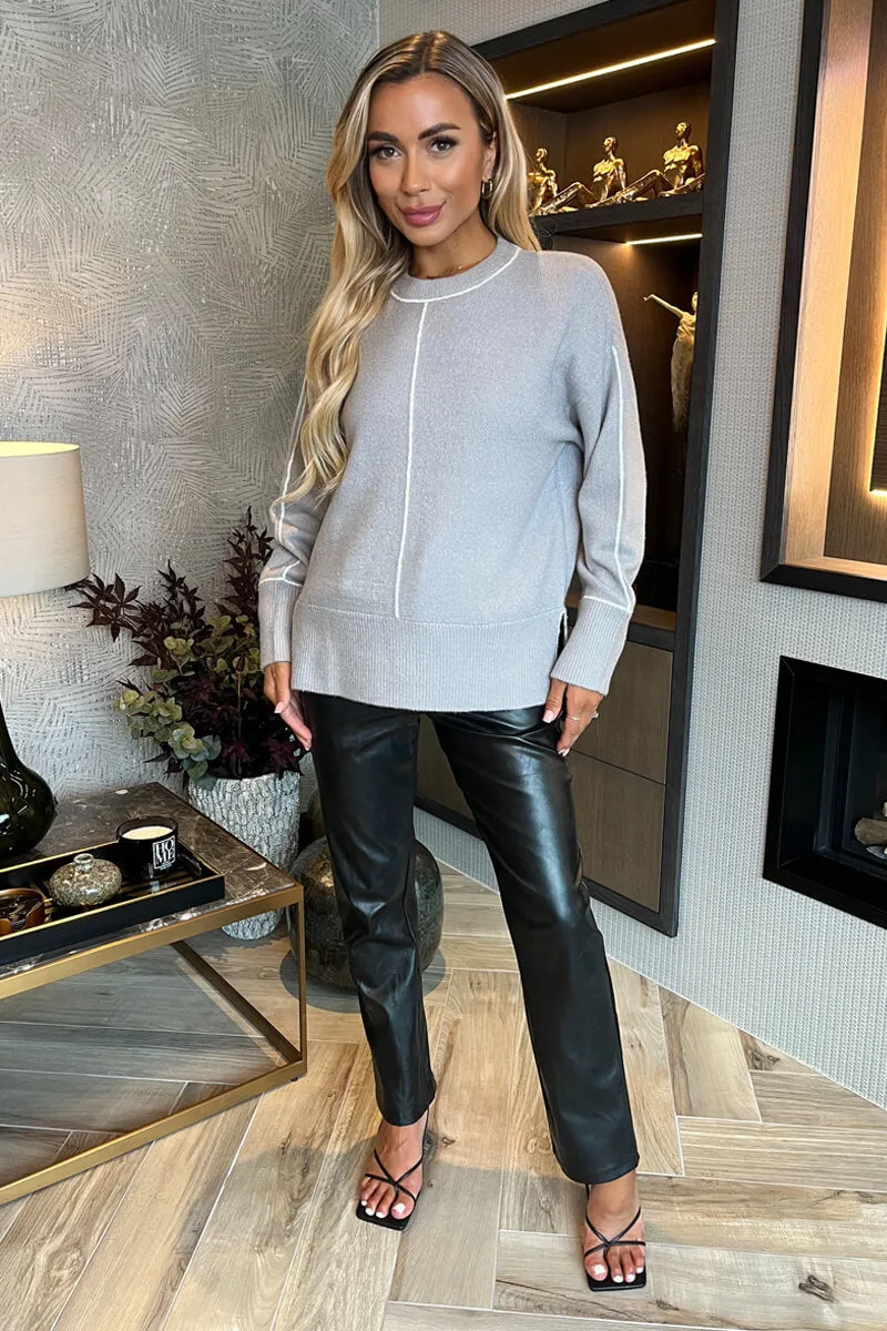 Mid Grey Round Neck Contrast Piping Detail Jumper sold by AX Paris product image thumbnail 2