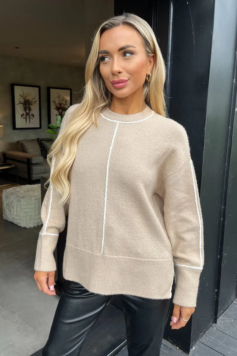 Oatmeal Round Neck Contrast Piping Detail Jumper sold by AX Paris