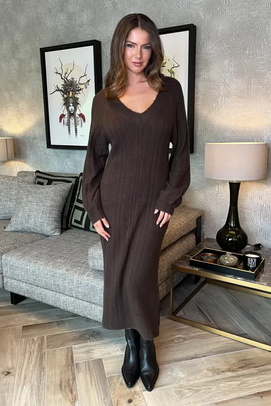 Chocolate V-Neck Knitted Midi Dress sold by AX Paris