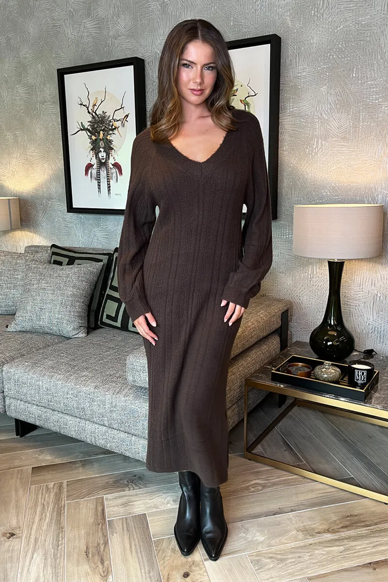 Chocolate V-Neck Knitted Midi Dress sold by AX Paris
