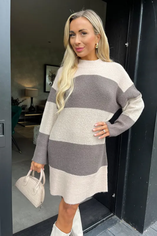 Oatmeal And Brown Striped Knitted Dress sold by AX Paris