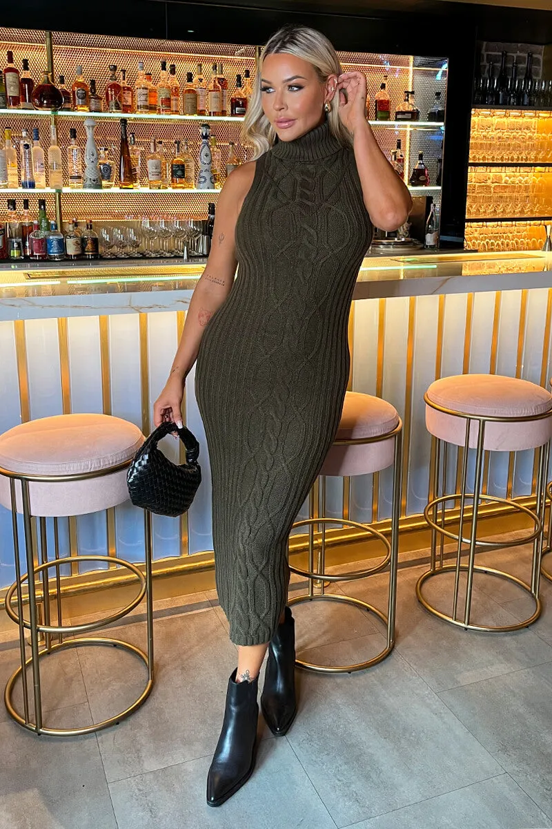 Olive Roll Neck Sleeveless Cable and Ribbed Knit Midi Dress sold by AX Paris product image thumbnail 2