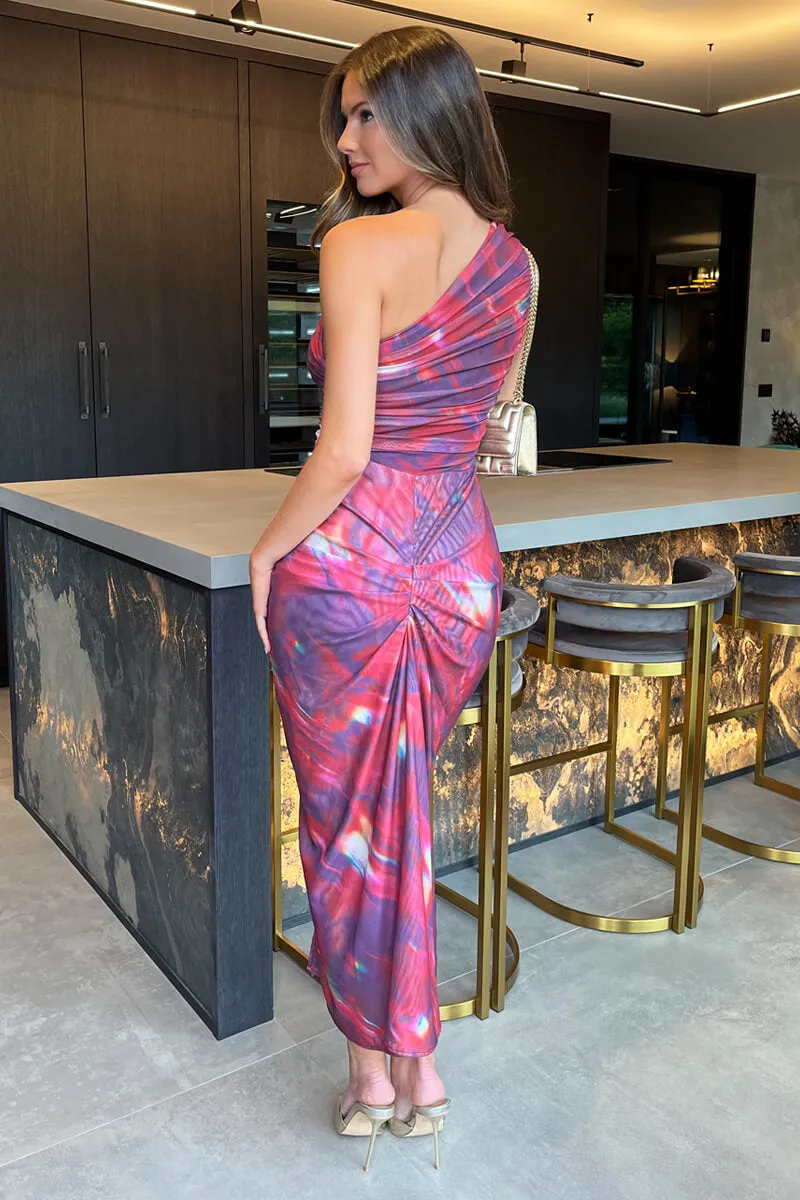 Red Tie Dye Print One Shoulder Knot Skirt Mesh Midi Dress sold by AX Paris product image thumbnail 5