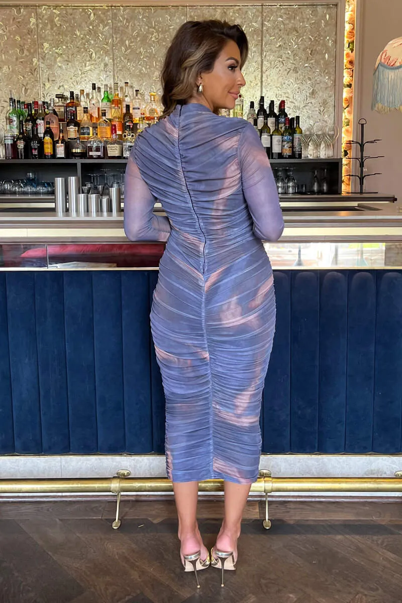 Purple Tie Dye Print High Neck Long Sleeve Ruched Midi Dress sold by AX Paris product image thumbnail 3