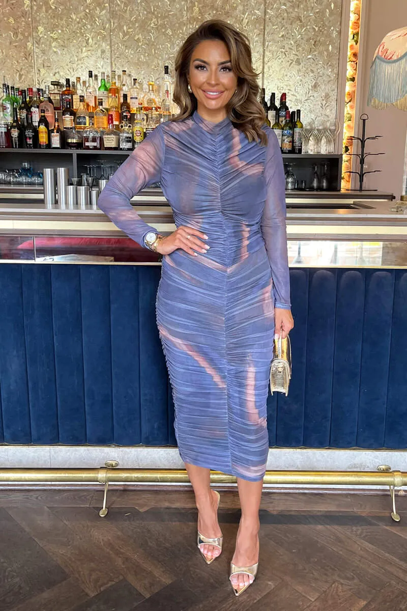 Purple Tie Dye Print High Neck Long Sleeve Ruched Midi Dress sold by AX Paris product image thumbnail 2