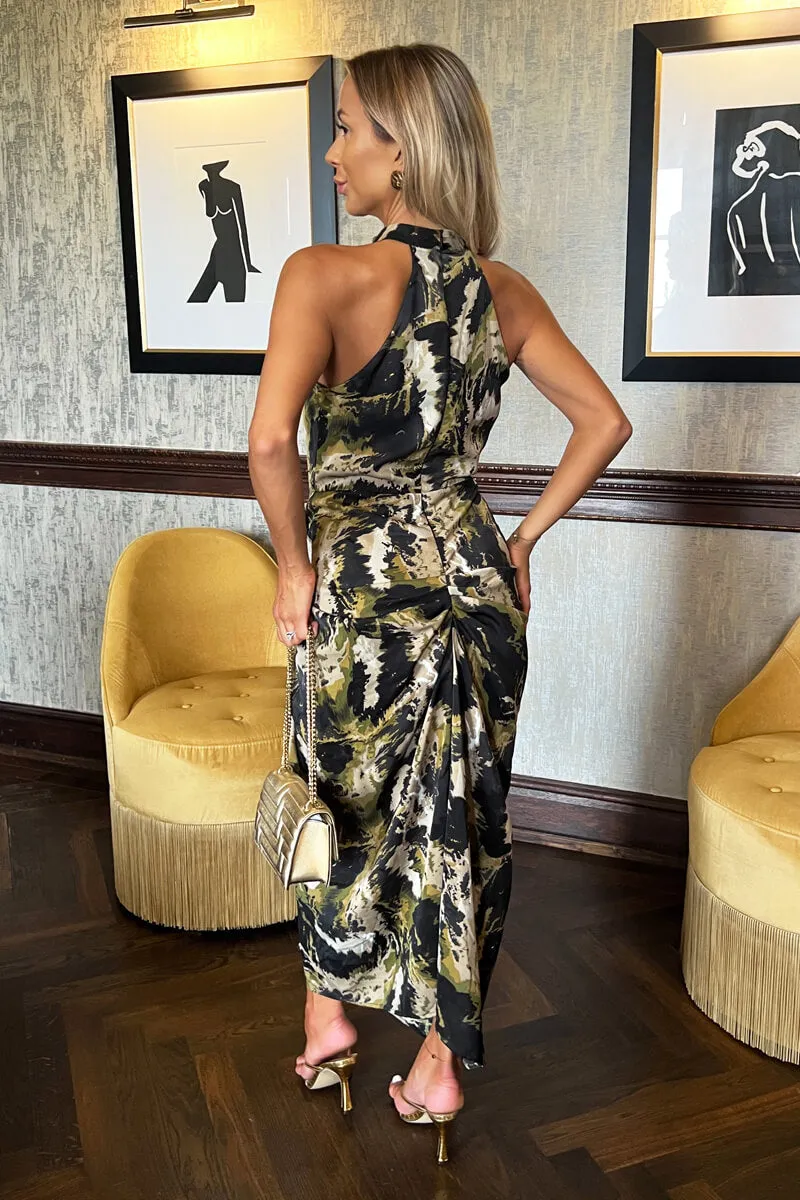Khaki Smudge Print Halter Neck Knot Skirt Midi Dress sold by AX Paris product image thumbnail 4