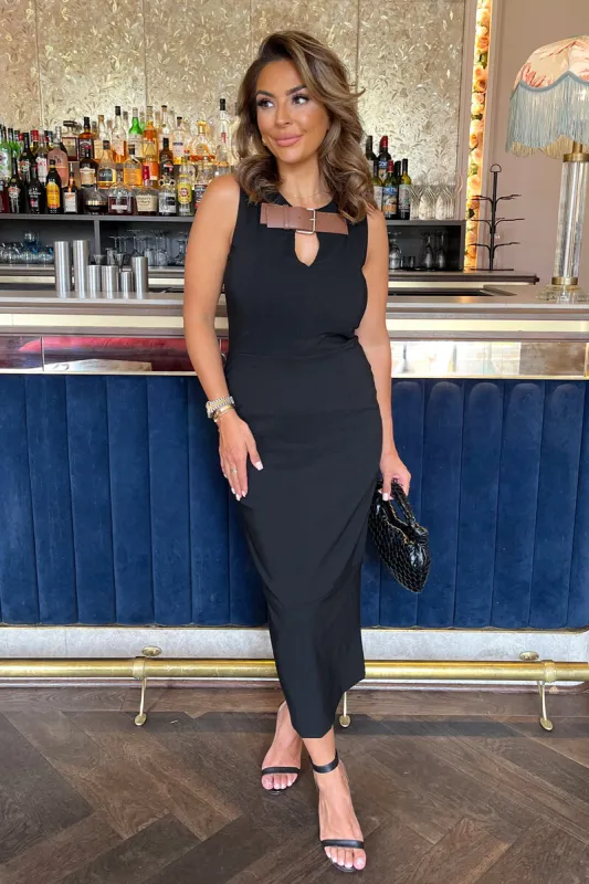 Black Stretch Cotton Sleeveless Buckle Belt Top Detail Bodycon Midi Dress sold by AX Paris