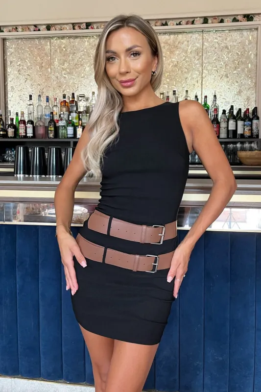 Black Sleeveless Double Belt Detail Bodycon Midi Dress sold by AX Paris