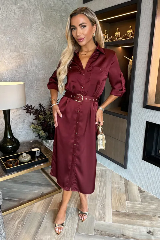 Wine Satin Belted 3/4 Sleeve Gold Buttons Shirt Midi Dress sold by AX Paris