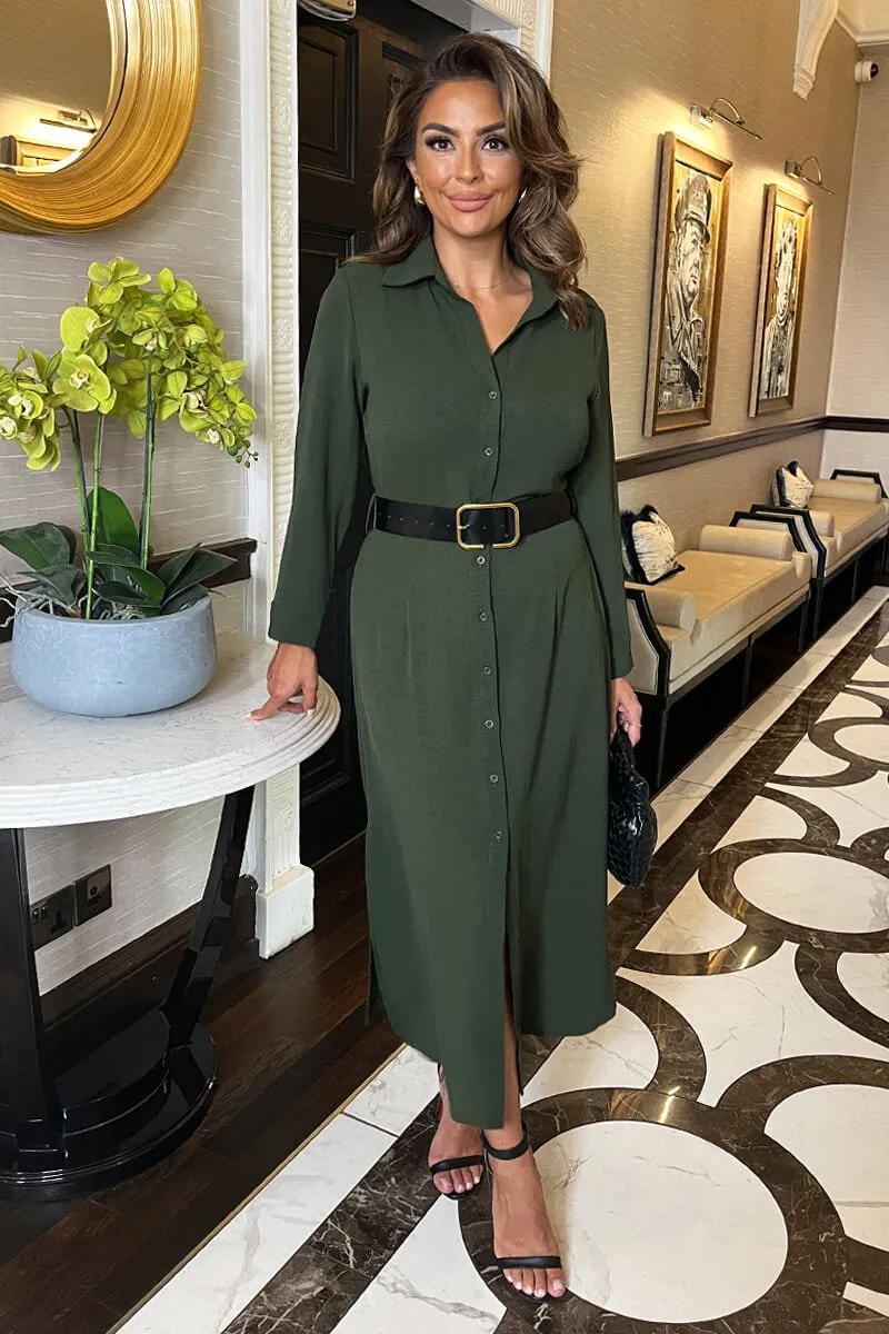 Olive Button Front Belted Shirt Midi Dress sold by AX Paris