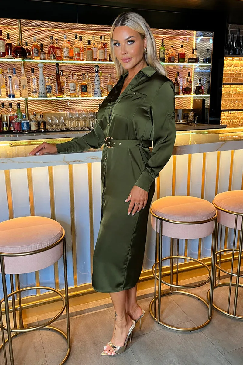 Olive Satin Belted 3/4 Sleeve Gold Buttons Shirt Midi Dress sold by AX Paris product image thumbnail 5